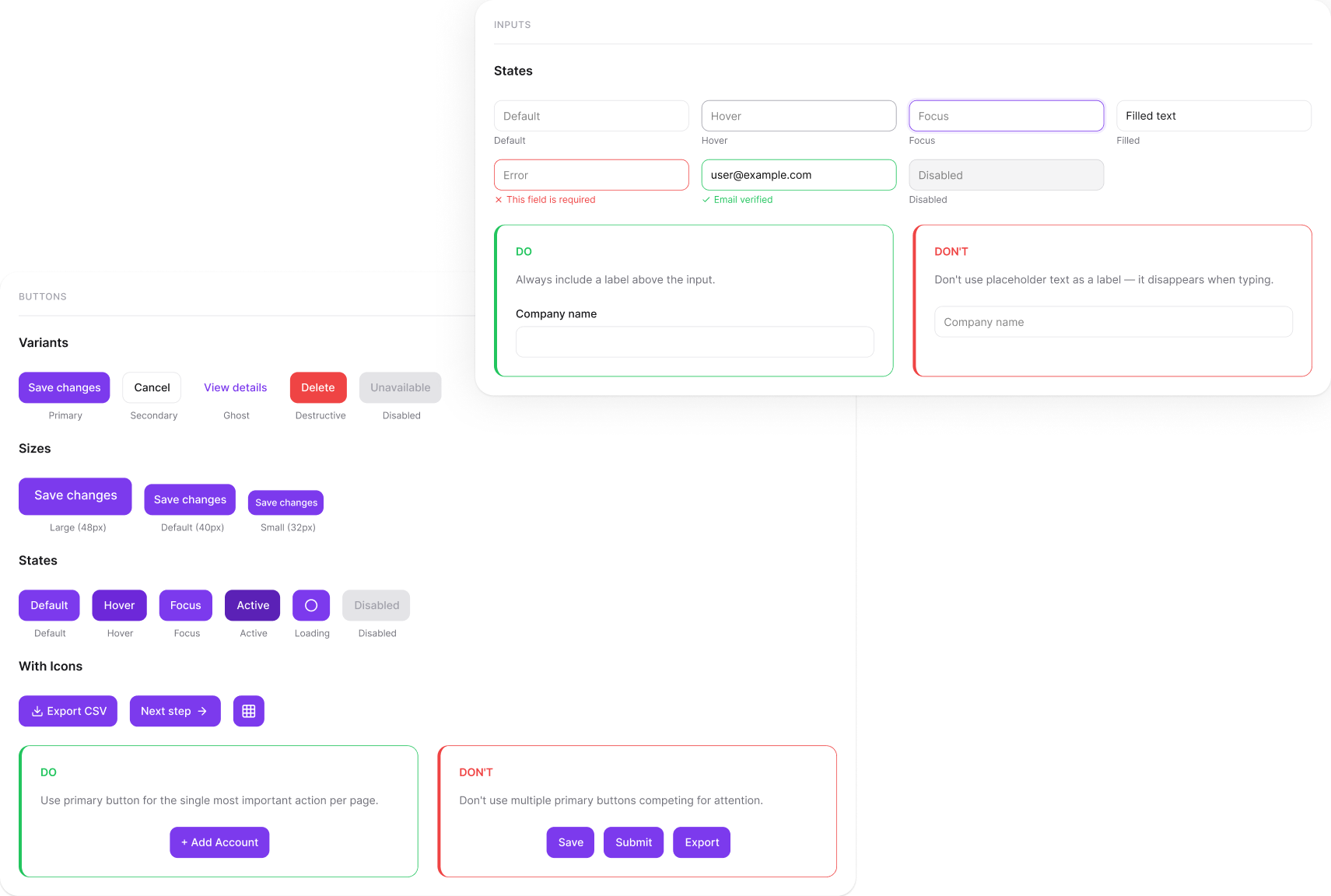 Atomic components with variants, sizes, and Do/Don't documentation